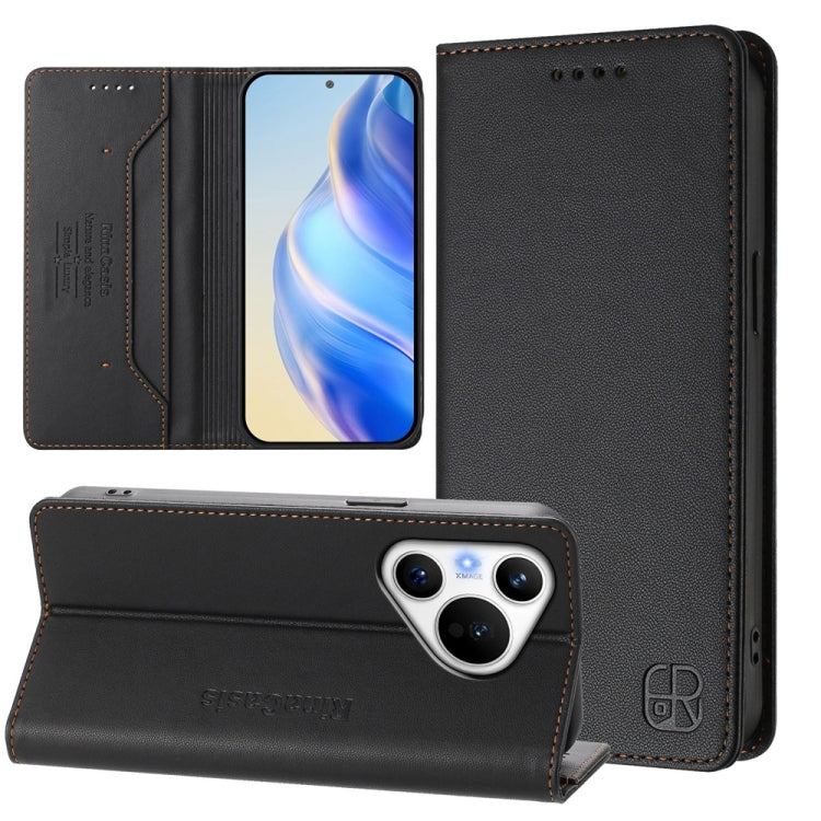 For Huawei Pura 70 RC01 Dual-Folded Magnetic Suction RFID Leather Phone Case(Black) - Huawei Cases by PMC Jewellery | Online Shopping South Africa | PMC Jewellery | Buy Now Pay Later Mobicred