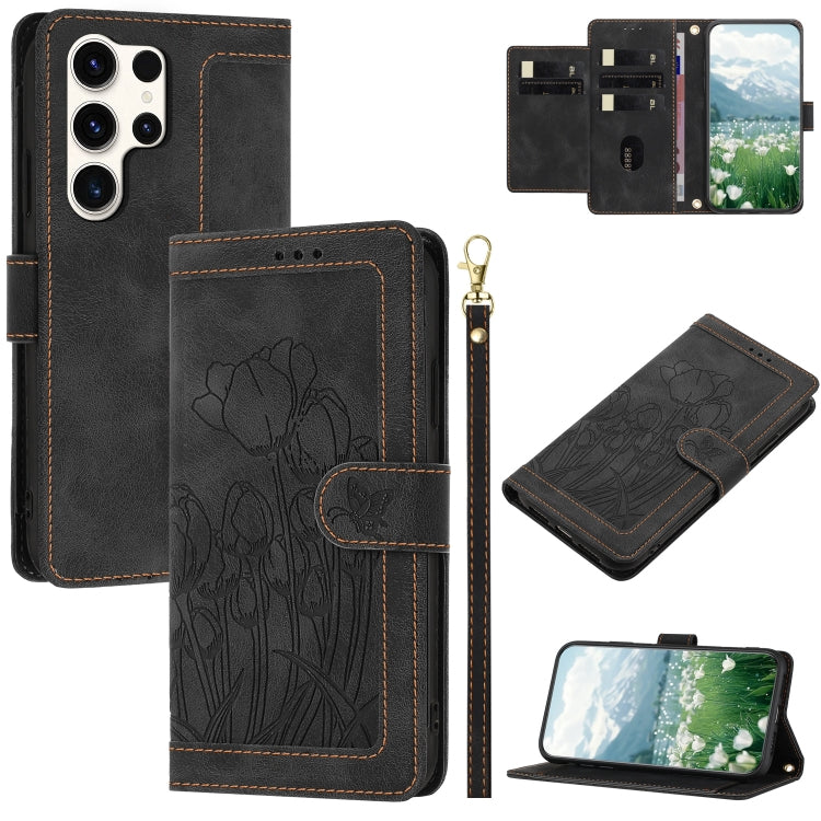 For Samsung Galaxy S25 Ultra 5G Tulips Embossed Leather Phone Case with Lanyard(Black) - Galaxy S25 Ultra 5G Cases by PMC Jewellery | Online Shopping South Africa | PMC Jewellery | Buy Now Pay Later Mobicred