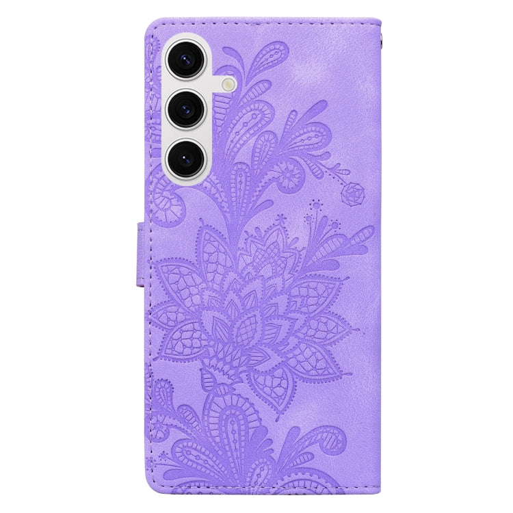 For Samsung Galaxy S25+ 5G Lace Floral Embossed Magnetic Buckle PU Phone Case With Wrist Strap(Purple) - Galaxy S25+ 5G Cases by PMC Jewellery | Online Shopping South Africa | PMC Jewellery | Buy Now Pay Later Mobicred