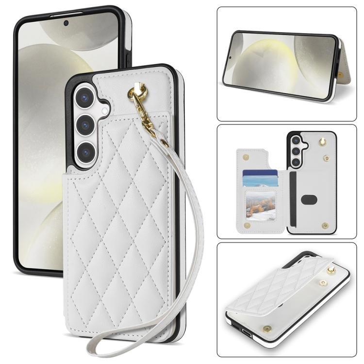 For Samsung Galaxy S25 5G Rhombic Dual Buckle Card Slots Phone Case with Lanyard(White) - Galaxy S25 5G Cases by PMC Jewellery | Online Shopping South Africa | PMC Jewellery | Buy Now Pay Later Mobicred