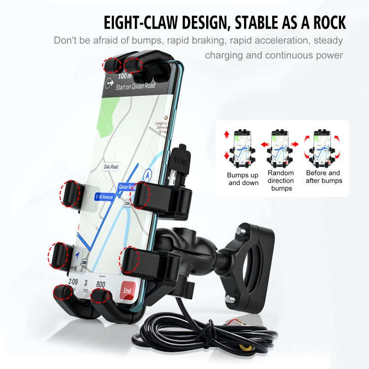 WUPP CS-1098A1 Motorcycle Aluminum Alloy Eight-jaw Mobile Phone Charging Holder with Switch(Black) - Holder by WUPP | Online Shopping South Africa | PMC Jewellery | Buy Now Pay Later Mobicred