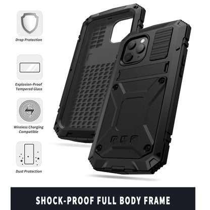 For iPhone 12 / 12 Pro R-JUST Shockproof Waterproof Dust-proof Metal + Silicone Protective Case with Holder(Black) - iPhone 12 / 12 Pro Cases by R-JUST | Online Shopping South Africa | PMC Jewellery