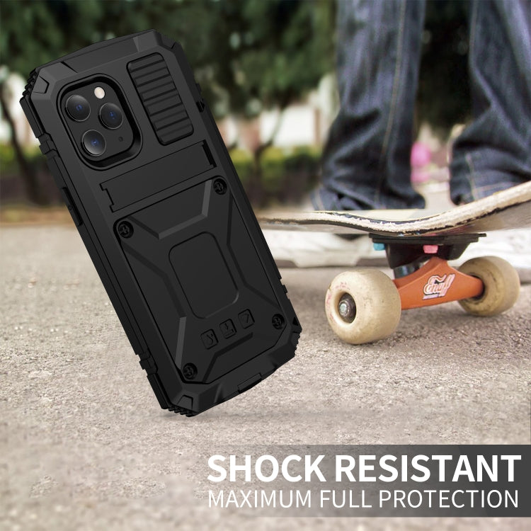 For iPhone 12 / 12 Pro R-JUST Shockproof Waterproof Dust-proof Metal + Silicone Protective Case with Holder(Black) - iPhone 12 / 12 Pro Cases by R-JUST | Online Shopping South Africa | PMC Jewellery