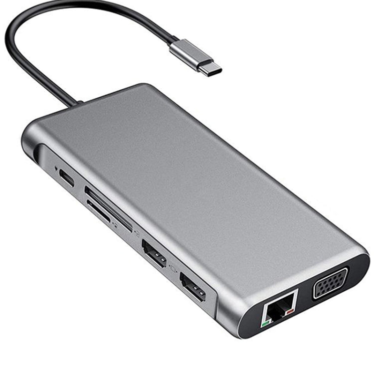 12 in 1 HDMI x2 + USB3.0 + USB2.0 + PD Charging + VGA + RJ45 + 3.5mm Jack + TF/SD x2 Type-C / USB-C HUB Docking Station(Dark Grey) - USB HUB by PMC Jewellery | Online Shopping South Africa | PMC Jewellery | Buy Now Pay Later Mobicred