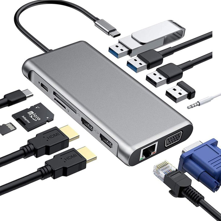 12 in 1 HDMI x2 + USB3.0 + USB2.0 + PD Charging + VGA + RJ45 + 3.5mm Jack + TF/SD x2 Type-C / USB-C HUB Docking Station(Dark Grey) - USB HUB by PMC Jewellery | Online Shopping South Africa | PMC Jewellery | Buy Now Pay Later Mobicred