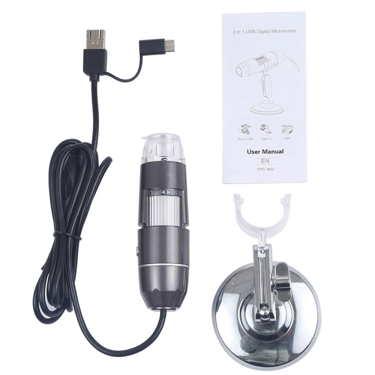 1600X Magnifier HD Image Sensor 3 in 1 USB Digital Microscope with 8 LED & Professional Stand (Grey) - Digital Microscope by PMC Jewellery | Online Shopping South Africa | PMC Jewellery | Buy Now Pay Later Mobicred