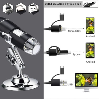 1600X Magnifier HD Image Sensor 3 in 1 USB Digital Microscope with 8 LED & Professional Stand (Grey) - Digital Microscope by PMC Jewellery | Online Shopping South Africa | PMC Jewellery | Buy Now Pay Later Mobicred