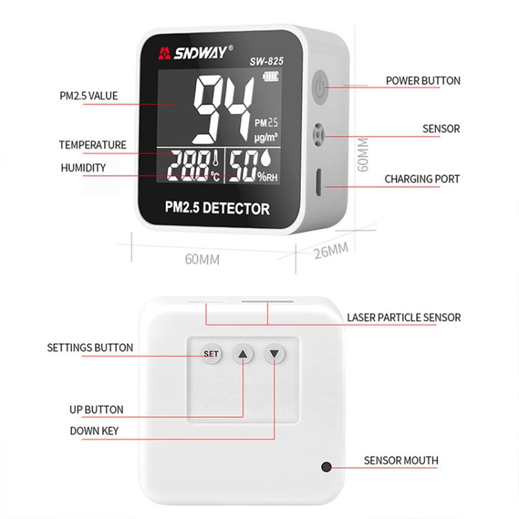 SNDWAY SW-825 Micro USB Charging Desktop Air Quality Real-time Purification Detector with HiD LED Screen, Support Alarm Prompt - Air & Water Quality Tester by SNDWAY | Online Shopping South Africa | PMC Jewellery | Buy Now Pay Later Mobicred