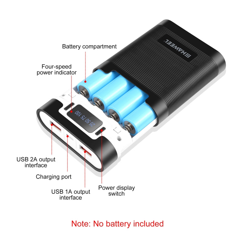 HAWEEL DIY 4x 18650 Battery (Not Included) 10000mAh Dual-way QC Charger Power Bank Shell Box with 2x USB Output & Display, Support PD / QC / SCP / FCP / AFC / PPS / PE (Black) - Power Bank Box by HAWEEL | Online Shopping South Africa | PMC Jewellery | Buy Now Pay Later Mobicred