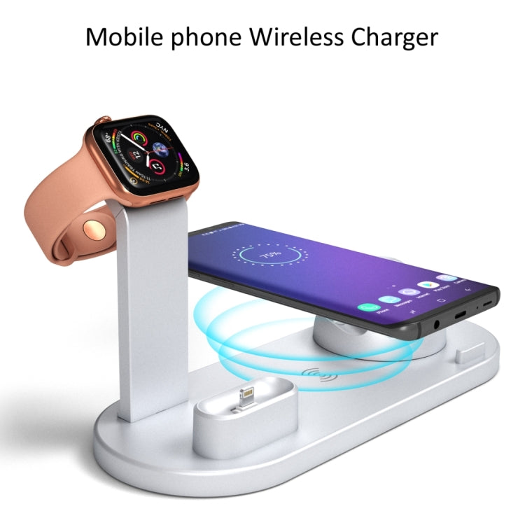 HQ-UD15 5 in 1 8 Pin + Micro USB + USB-C / Type-C Interfaces + 8 Pin Earphone Charging Interface + Wireless Charging Charger Base with Watch Stand(Silver) - Multifunction Charger by PMC Jewellery | Online Shopping South Africa | PMC Jewellery | Buy Now Pay Later Mobicred