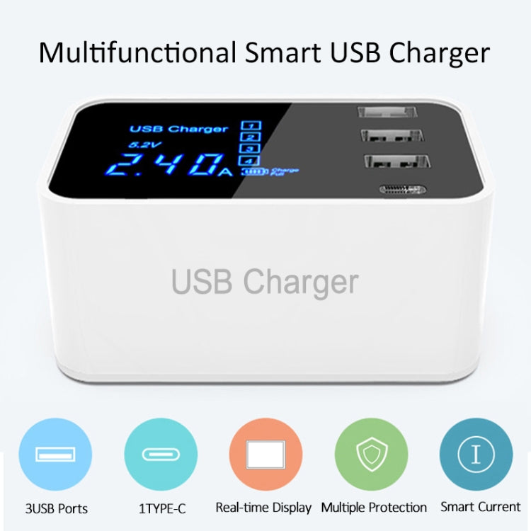 CDA30 20W 3 USB Ports + USB-C / Type-C Ports Multi-function Charger with LED Display, US Plug - Multifunction Charger by PMC Jewellery | Online Shopping South Africa | PMC Jewellery | Buy Now Pay Later Mobicred