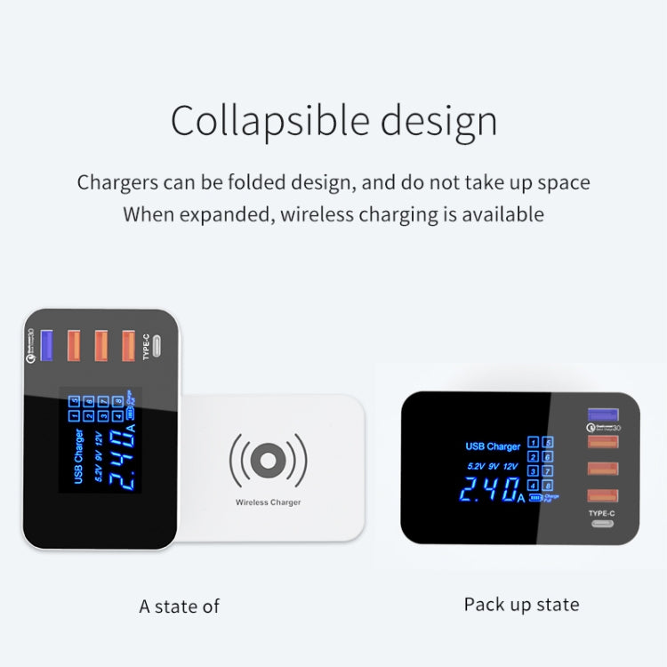 CDA33QW 40W QC 3.0 USB Ports + 3 USB Ports + USB-C / Type-C Ports + Wireless Charging Multi-function Foldable Charger with LED Display, UK Plug - Multifunction Charger by PMC Jewellery | Online Shopping South Africa | PMC Jewellery | Buy Now Pay Later Mobicred