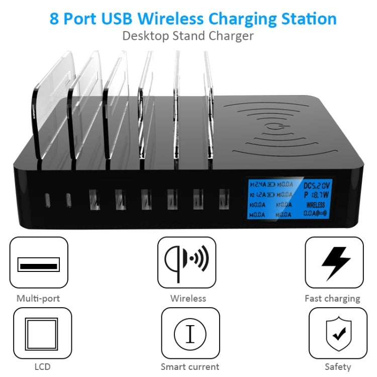 50W 6 USB Ports + 2 USB-C / Type-C Ports + Wireless Charging Multi-function Charger with LED Display & Detachable Bezel, UK Plug - Multifunction Charger by PMC Jewellery | Online Shopping South Africa | PMC Jewellery | Buy Now Pay Later Mobicred