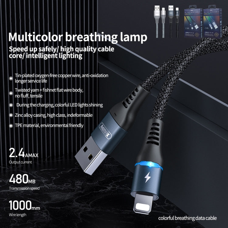 REMAX RC-152I 1m 2.4A USB to 8 Pin Colorful Breathing Data Cable(Black) - Normal Style Cable by REMAX | Online Shopping South Africa | PMC Jewellery | Buy Now Pay Later Mobicred