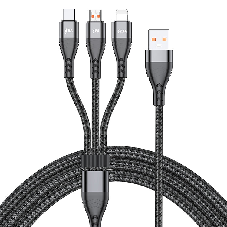 ADC-138 66W 3 in 1 USB to 8 Pin + Micro USB + USB-C / Type-C Fast Charging Braided Data Cable, Cable Length: 1.2m(Black) - Multifunction Cable by PMC Jewellery | Online Shopping South Africa | PMC Jewellery | Buy Now Pay Later Mobicred