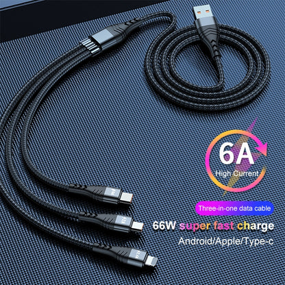 ADC-138 66W 3 in 1 USB to 8 Pin + Micro USB + USB-C / Type-C Fast Charging Braided Data Cable, Cable Length: 1.2m(Black) - Multifunction Cable by PMC Jewellery | Online Shopping South Africa | PMC Jewellery | Buy Now Pay Later Mobicred