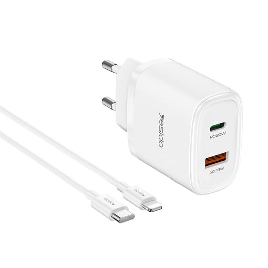 Yesido YC47 USB-C / Type-C + USB Travel Charger with 1m USB-C / Type-C to 8 Pin Cable, EU Plug (White) - USB Charger by Yesido | Online Shopping South Africa | PMC Jewellery | Buy Now Pay Later Mobicred