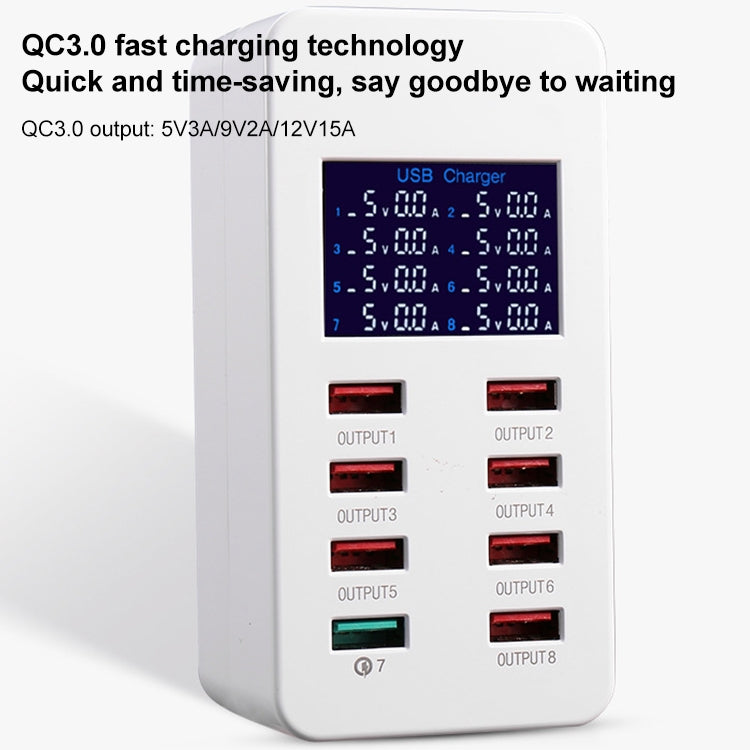 A8 50W 8 Ports USB + QC3.0 Smart Charging Station with Digital Display AC100-240V, UK Plug - Multifunction Charger by PMC Jewellery | Online Shopping South Africa | PMC Jewellery | Buy Now Pay Later Mobicred