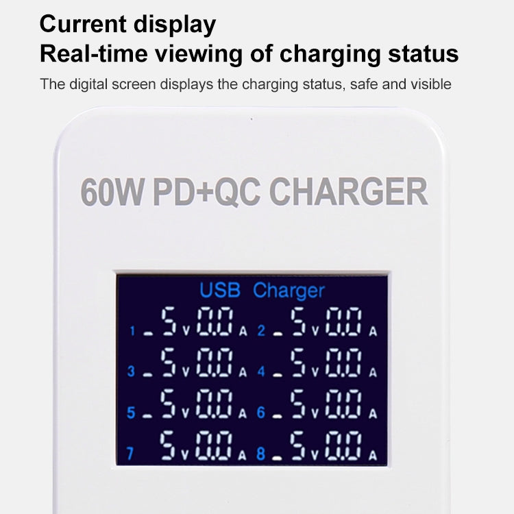 A8T 60W 8 Ports USB + QC3.0 + PD Type-C Smart Charging Station with Digital Display AC100-240V, US Plug - Multifunction Charger by PMC Jewellery | Online Shopping South Africa | PMC Jewellery | Buy Now Pay Later Mobicred