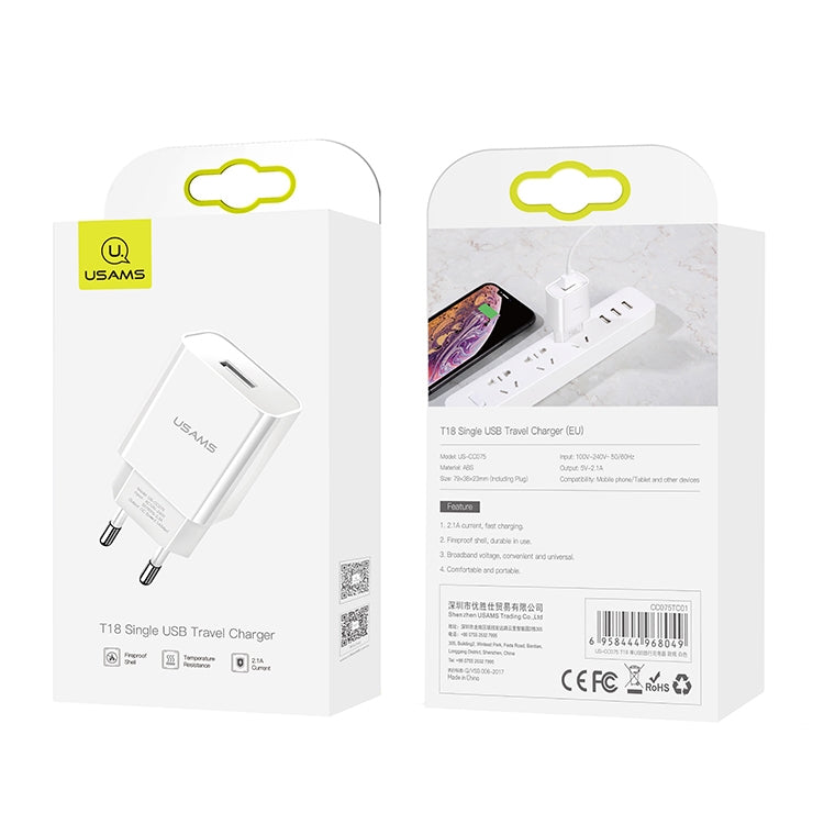 USAMS US-CC075 T18 2.1A Single USB Travel Charger, EU Plug (White) - USB Charger by USAMS | Online Shopping South Africa | PMC Jewellery | Buy Now Pay Later Mobicred