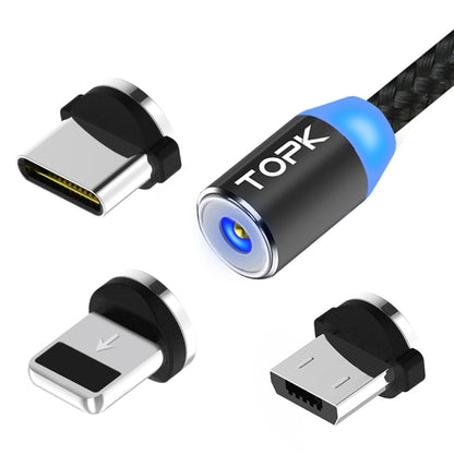 TOPK 1m 2.4A Max USB to 8 Pin + USB-C / Type-C + Micro USB Nylon Braided Magnetic Charging Cable with LED Indicator(Black) - Charging Cable & Head by TOPK | Online Shopping South Africa | PMC Jewellery | Buy Now Pay Later Mobicred