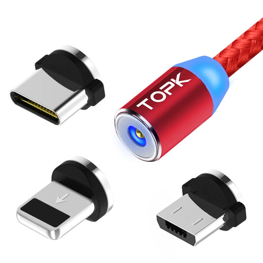 TOPK 1m 2.4A Max USB to 8 Pin + USB-C / Type-C + Micro USB Nylon Braided Magnetic Charging Cable with LED Indicator(Red) - Charging Cable & Head by TOPK | Online Shopping South Africa | PMC Jewellery | Buy Now Pay Later Mobicred