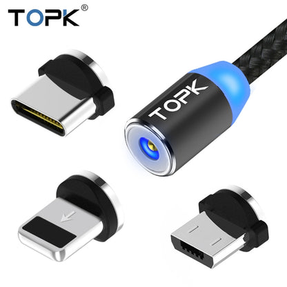 TOPK 2m 2.4A Max USB to 8 Pin + USB-C / Type-C + Micro USB Nylon Braided Magnetic Charging Cable with LED Indicator(Black) - Charging Cable & Head by TOPK | Online Shopping South Africa | PMC Jewellery | Buy Now Pay Later Mobicred