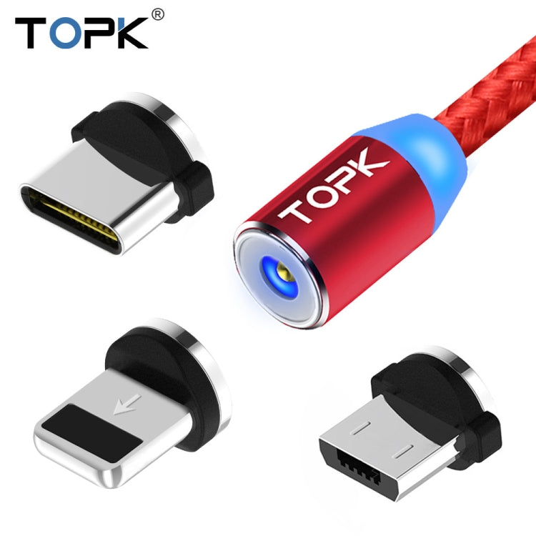 TOPK 2m 2.4A Max USB to 8 Pin + USB-C / Type-C + Micro USB Nylon Braided Magnetic Charging Cable with LED Indicator(Red) - Charging Cable & Head by TOPK | Online Shopping South Africa | PMC Jewellery | Buy Now Pay Later Mobicred