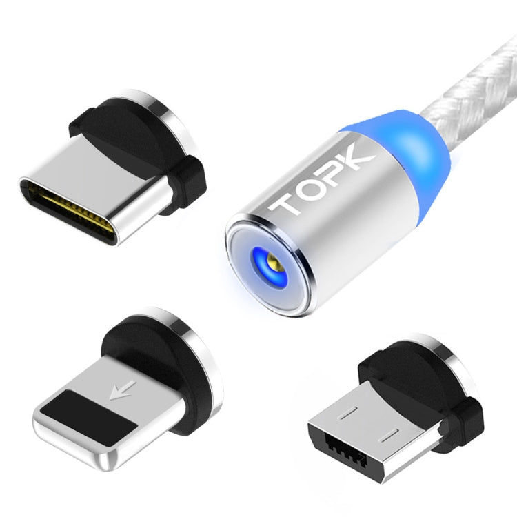 TOPK 2m 2.4A Max USB to 8 Pin + USB-C / Type-C + Micro USB Nylon Braided Magnetic Charging Cable with LED Indicator(Silver) - Charging Cable & Head by TOPK | Online Shopping South Africa | PMC Jewellery | Buy Now Pay Later Mobicred