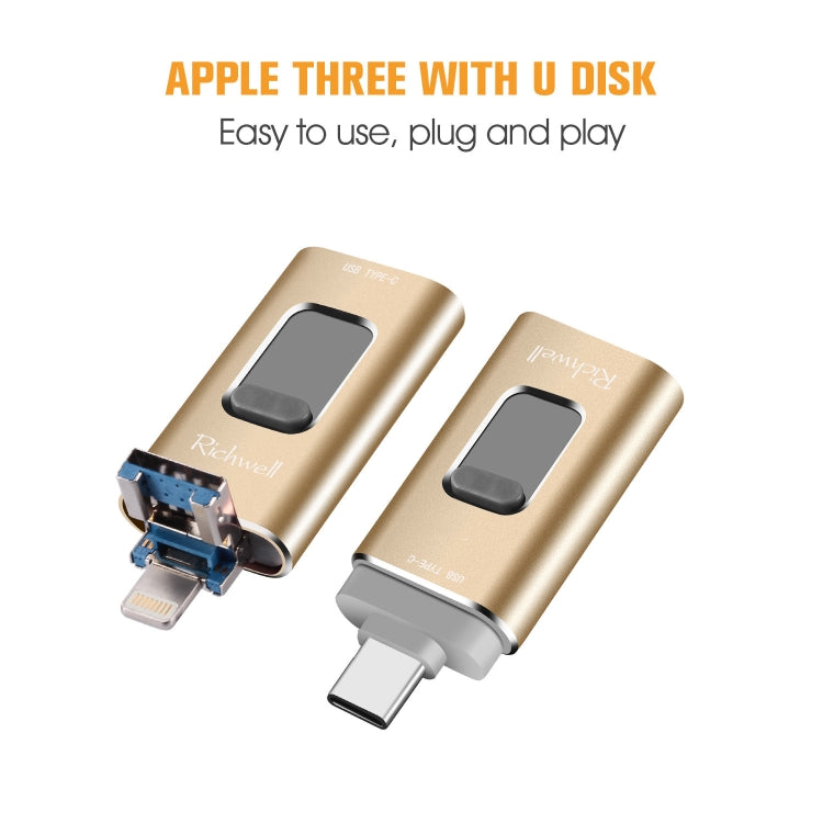 Richwell 3 in 1 128G Type-C + 8 Pin + USB 3.0 Metal Push-pull Flash Disk with OTG Function(Gold) - U Disk & Card Reader by Richwell | Online Shopping South Africa | PMC Jewellery | Buy Now Pay Later Mobicred