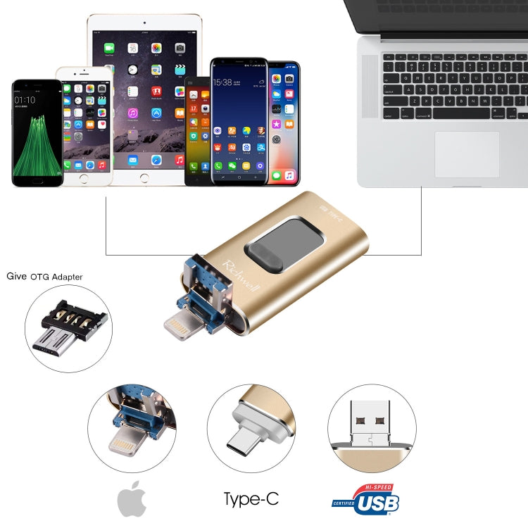 Richwell 3 in 1 128G Type-C + 8 Pin + USB 3.0 Metal Push-pull Flash Disk with OTG Function(Rose Gold) - U Disk & Card Reader by Richwell | Online Shopping South Africa | PMC Jewellery | Buy Now Pay Later Mobicred