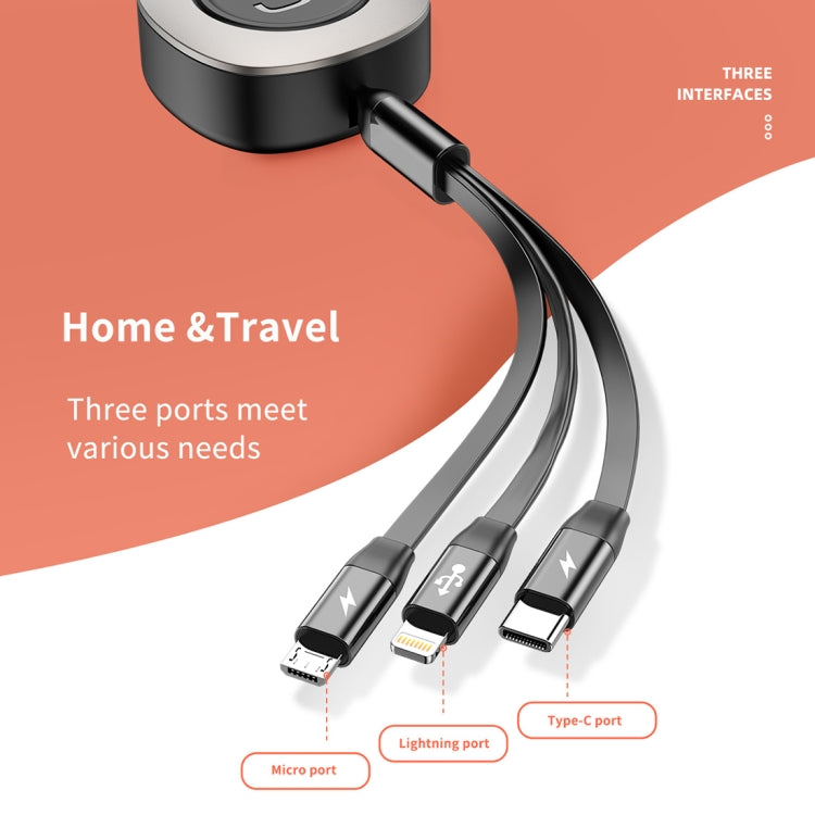 ROCK G3 5V 3.6A 3 in 1 8 Pin + Micro USB + USB-C / Type-C Retractable Fast Charging Data Cable, The Maximum Length: 1.2m(Black) - Multifunction Cable by ROCK | Online Shopping South Africa | PMC Jewellery | Buy Now Pay Later Mobicred