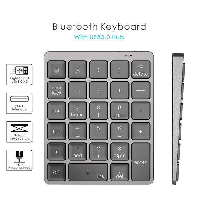 N970 Pro Dual Modes Aluminum Alloy Rechargeable Wireless Bluetooth Numeric Keyboard with USB HUB (Silver) - Mini Keyboard by PMC Jewellery | Online Shopping South Africa | PMC Jewellery | Buy Now Pay Later Mobicred