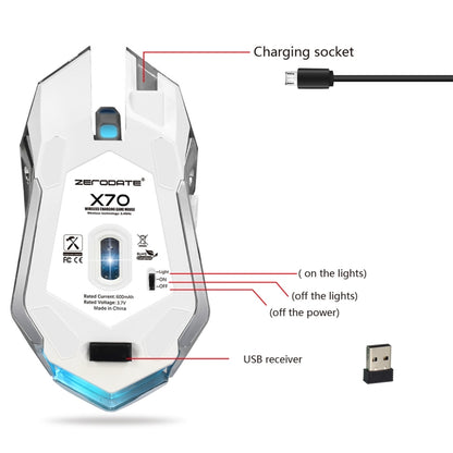 ZERODATE X70 2.4GHz Wireless 6-Keys 2400 DPI Adjustable Ergonomics Optical Gaming Mouse with Breathing Light(White) - Wireless Mice by ZERODATE | Online Shopping South Africa | PMC Jewellery | Buy Now Pay Later Mobicred