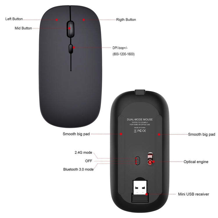 HXSJ M90 2.4GHz Ultrathin Mute Rechargeable Dual Mode Wireless Bluetooth Notebook PC Mouse(Grey) - Wireless Mice by HXSJ | Online Shopping South Africa | PMC Jewellery | Buy Now Pay Later Mobicred