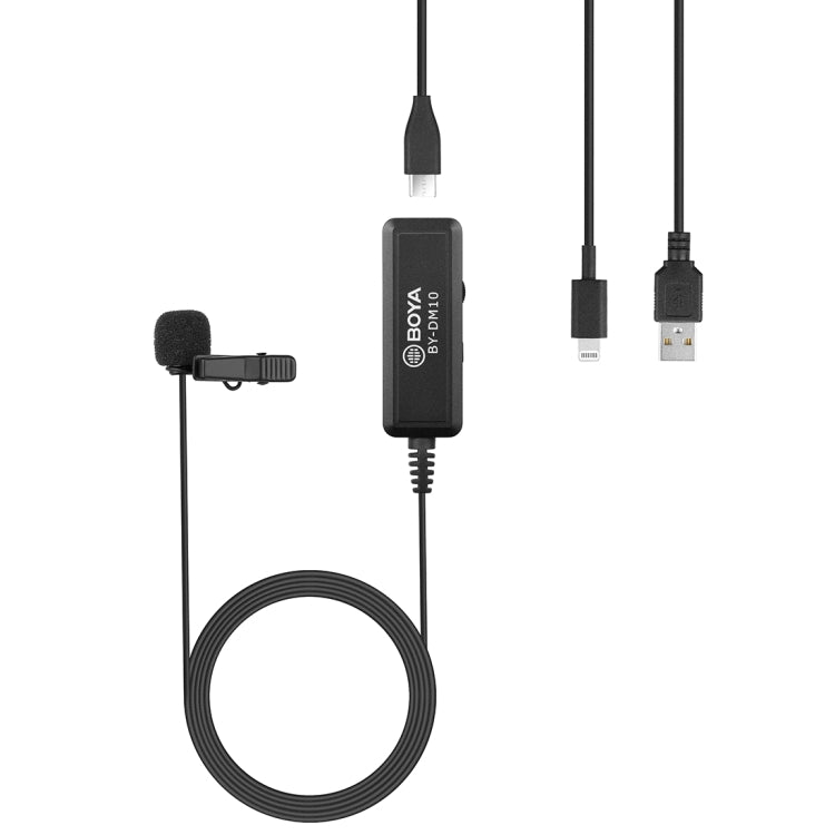 BOYA BY-DM10 USB / 8 Pin Plug Broadcast Lavalier Microphone with Windscreen, Cable Length: 6m(Black) - Camera Microphone by BOYA | Online Shopping South Africa | PMC Jewellery | Buy Now Pay Later Mobicred