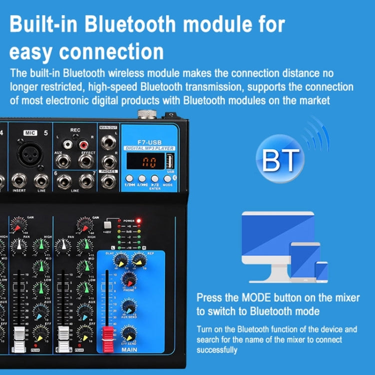 F7 Home 7-channel Bluetooth USB Reverb Mixer, US Plug(Black) - Live Sound Effects Processors by PMC Jewellery | Online Shopping South Africa | PMC Jewellery | Buy Now Pay Later Mobicred