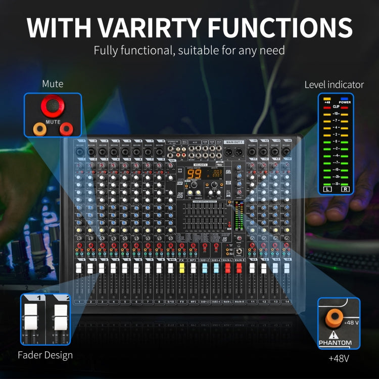 XTUGA B1404FX 14 Channels Bluetooth Audio Mixer Digital DJ Controller Sound Mixing Console (UK Plug) - Live Sound Effects Processors by XTUGA | Online Shopping South Africa | PMC Jewellery | Buy Now Pay Later Mobicred