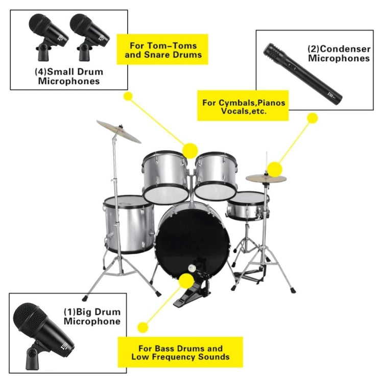 XTUGA MI7-A 7-Piece Wired Dynamic Drum Mic Kit Kick Bass Tom/Snare Cymbals Microphone Set - Microphone by XTUGA | Online Shopping South Africa | PMC Jewellery | Buy Now Pay Later Mobicred