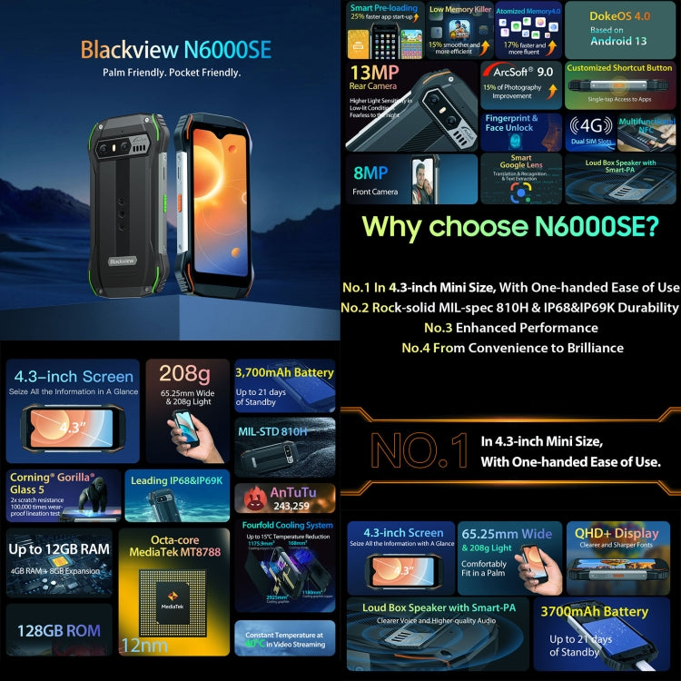 [HK Warehouse] Blackview N6000SE, IP68/IP69K/MIL-STD-810H, 4GB+128GB, 4.3 inch Android 13 MediaTek MT8788 Octa Core, Network: 4G, OTG, NFC (Black) - Blackview by Blackview | Online Shopping South Africa | PMC Jewellery | Buy Now Pay Later Mobicred