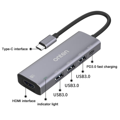 Onten OT-95123 5 in 1 Multifunctional Type-C + USB + HDMI Docking Station, Cable Length: 145mm(Silver) - USB HUB by Onten | Online Shopping South Africa | PMC Jewellery | Buy Now Pay Later Mobicred