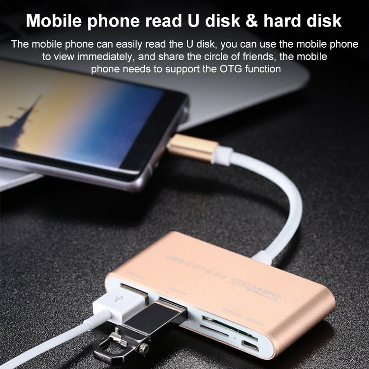 COMBO T-693 5 in 1 USB-C / Type-C to SD / TF / Micro SD Card Slot + USB 3.0 + USB 2.0Ports OTG HUB Card Reader(Gold) - USB HUB by PMC Jewellery | Online Shopping South Africa | PMC Jewellery | Buy Now Pay Later Mobicred