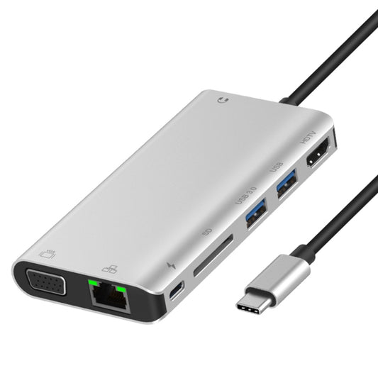 Onten 9591BD 8 in 1 USB-C / Type-C to PD USB-C / Type-C Charging + Gigabit Ethernet + Dual USB 3.0 + HDMI + VGA + SD Card Slot + 3.5mm AUX HUB(Silver) - USB HUB by Onten | Online Shopping South Africa | PMC Jewellery | Buy Now Pay Later Mobicred