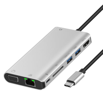 Onten 9591BD 8 in 1 USB-C / Type-C to PD USB-C / Type-C Charging + 100M Ethernet Port + Dual USB 3.0 + HDMI + VGA + SD Card Slot + 3.5mm AUX HUB (Silver) - USB HUB by Onten | Online Shopping South Africa | PMC Jewellery | Buy Now Pay Later Mobicred