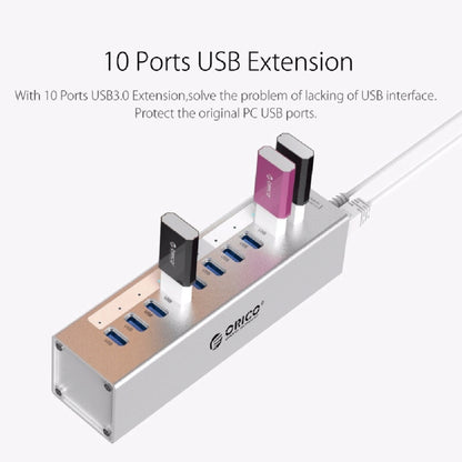 ORICO A3H10 Aluminum High Speed 10 Ports USB 3.0 HUB with Power Adapter for Laptops(Silver) - USB 3.0 HUB by ORICO | Online Shopping South Africa | PMC Jewellery | Buy Now Pay Later Mobicred