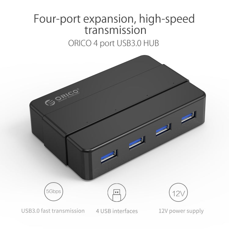 ORICO H4928-U3 ABS High Speed 4 Ports USB 3.0 HUB with 12V Power Adapter for Smartphones / Tablets(Black) - USB 3.0 HUB by ORICO | Online Shopping South Africa | PMC Jewellery | Buy Now Pay Later Mobicred