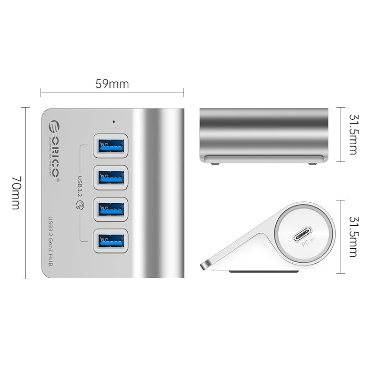 ORICO M3U4 Aluminum Alloy 4-Port USB 3.2 Gen1 5Gbps HUB (Silver) - USB 3.0 HUB by ORICO | Online Shopping South Africa | PMC Jewellery | Buy Now Pay Later Mobicred