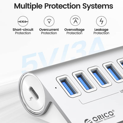 ORICO M3U7 Aluminum Alloy 7-Port USB 3.2 Gen1 5Gbps HUB with 0.5m Cable(Silver) - USB 3.0 HUB by ORICO | Online Shopping South Africa | PMC Jewellery | Buy Now Pay Later Mobicred