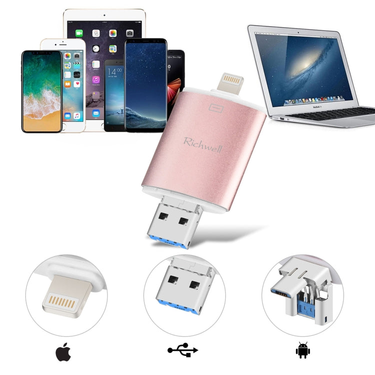 Richwell 3 in 1 16G Type-C + 8 Pin + USB 3.0 Metal Double Cover Push-pull Flash Disk with OTG Function(Silver) - U Disk & Card Reader by Richwell | Online Shopping South Africa | PMC Jewellery | Buy Now Pay Later Mobicred