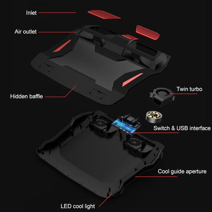 SSRQ-021S Red Light + Adapter Version Flank Glowing Dual-fan Laptop Radiator Two-speed Adjustable Computer Base for Laptops Under 18 inch, US Plug - Cooling Pads by PMC Jewellery | Online Shopping South Africa | PMC Jewellery | Buy Now Pay Later Mobicred